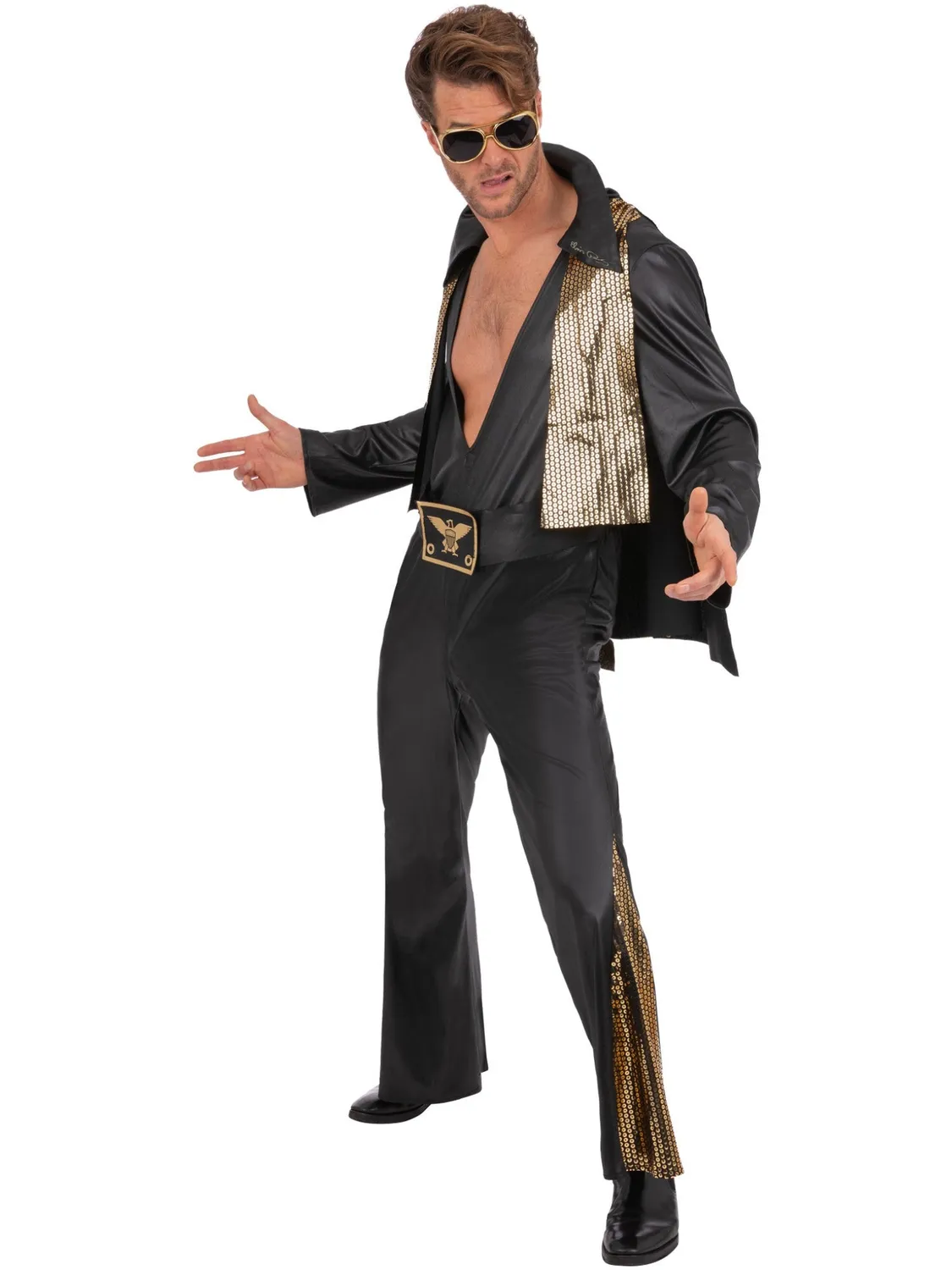 Smiffys Elvis Black Jumpsuit costume uomo L nero oro anni 50