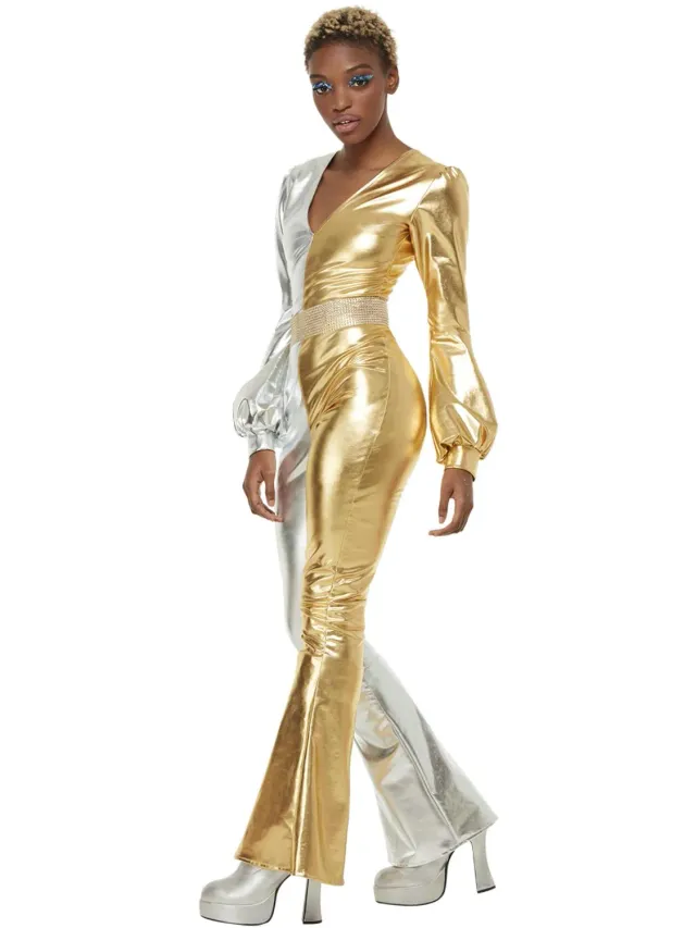 Smiffys 70s Super Chic tuta disco oro argento M