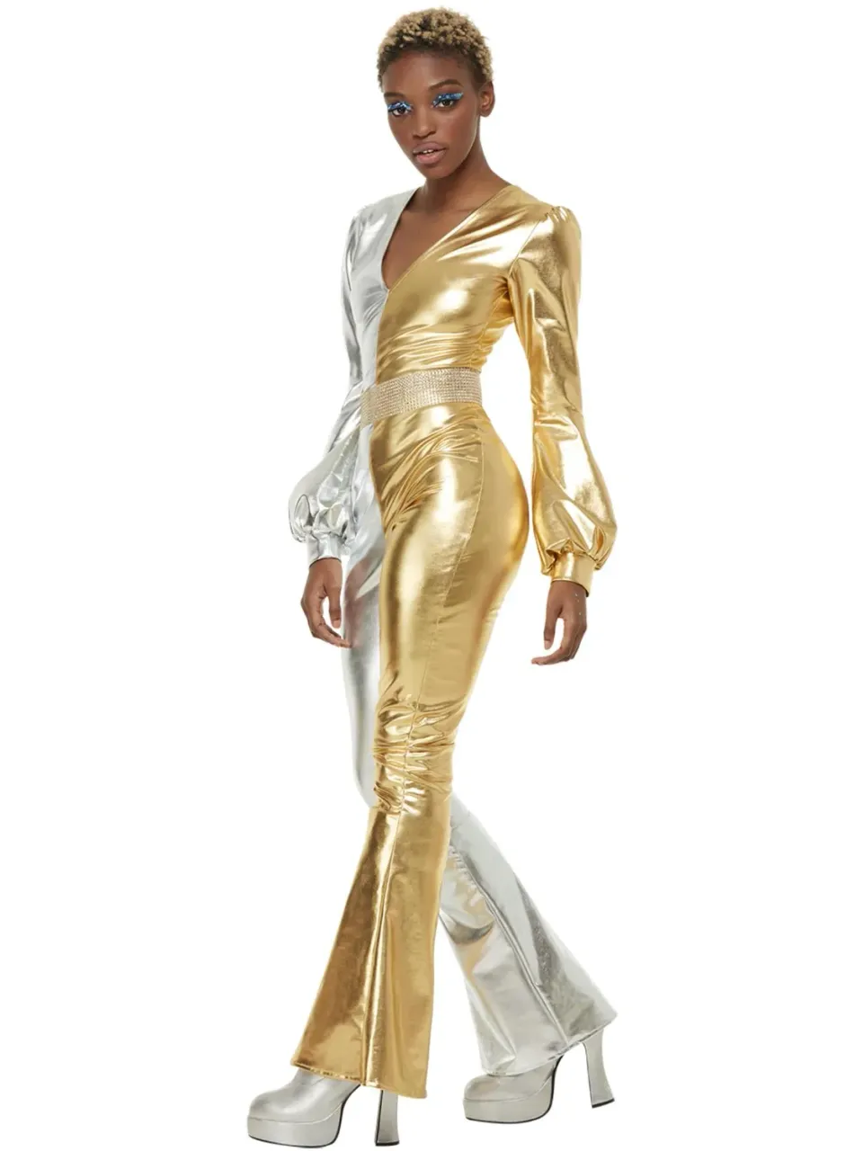 Smiffys 70s Super Chic tuta disco oro argento M