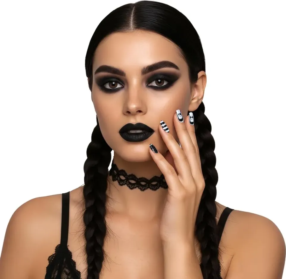 Guirca Unghie Finte Ragazza Gotica con Adesivo per Halloween