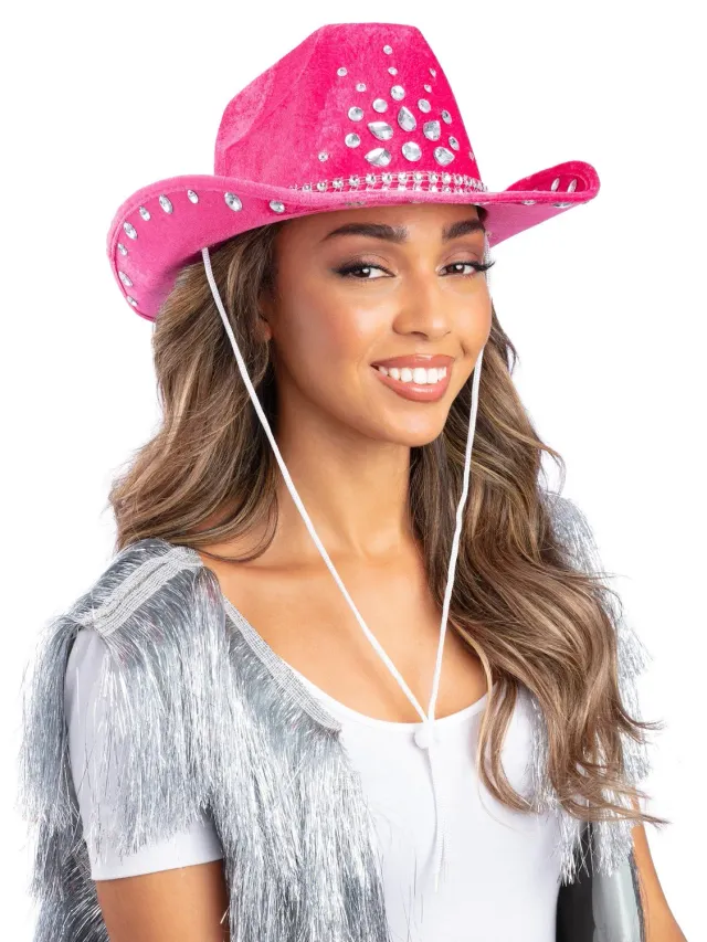 Smiffys Hot Pink Rhinestone cappello cowboy rosa