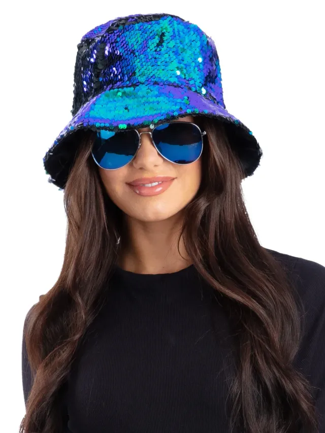 Smiffys Green/Blue Brush Sequin Bucket Hat cappello verde paillettes