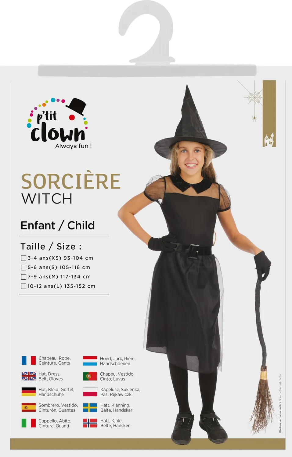 P'tit Clown costume strega bambina nero 5-6 anni con cappello