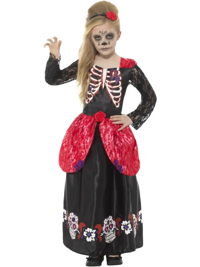 Smiffys Day of the Dead costume bambina 7-9 anni nero