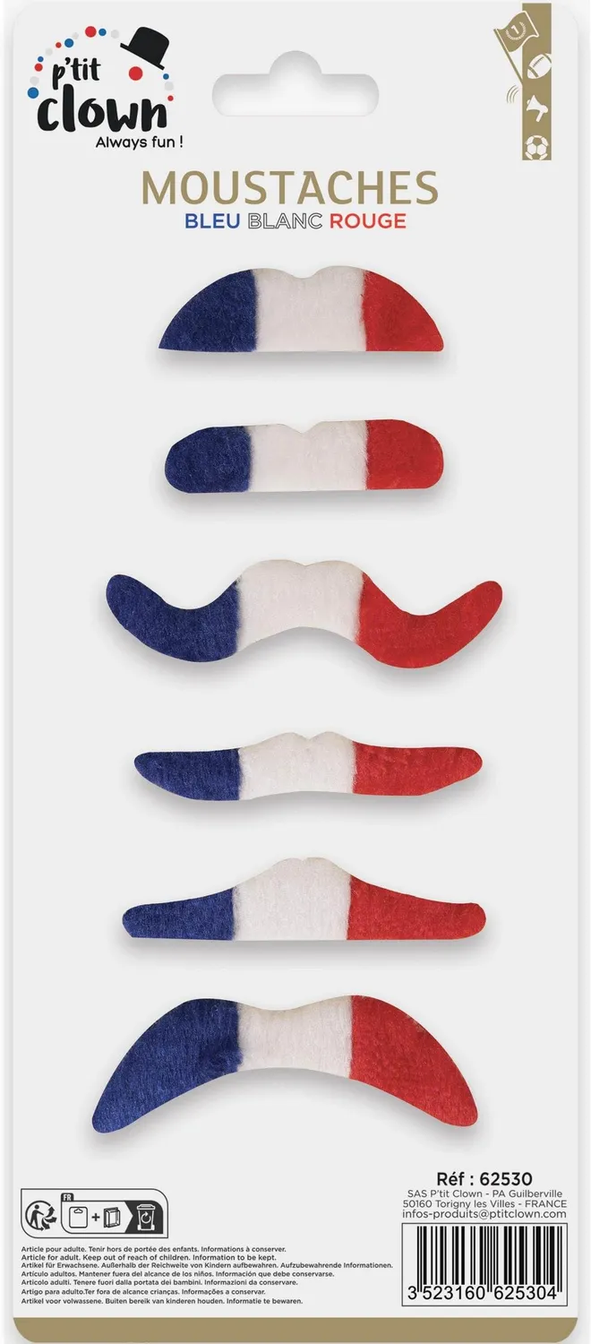 P'tit Clown 62530 baffi adesivi 6 pezzi blu bianco rosso