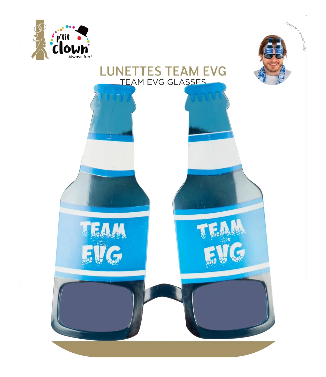 P'tit Clown Team EVG occhiali bottiglie birra blu