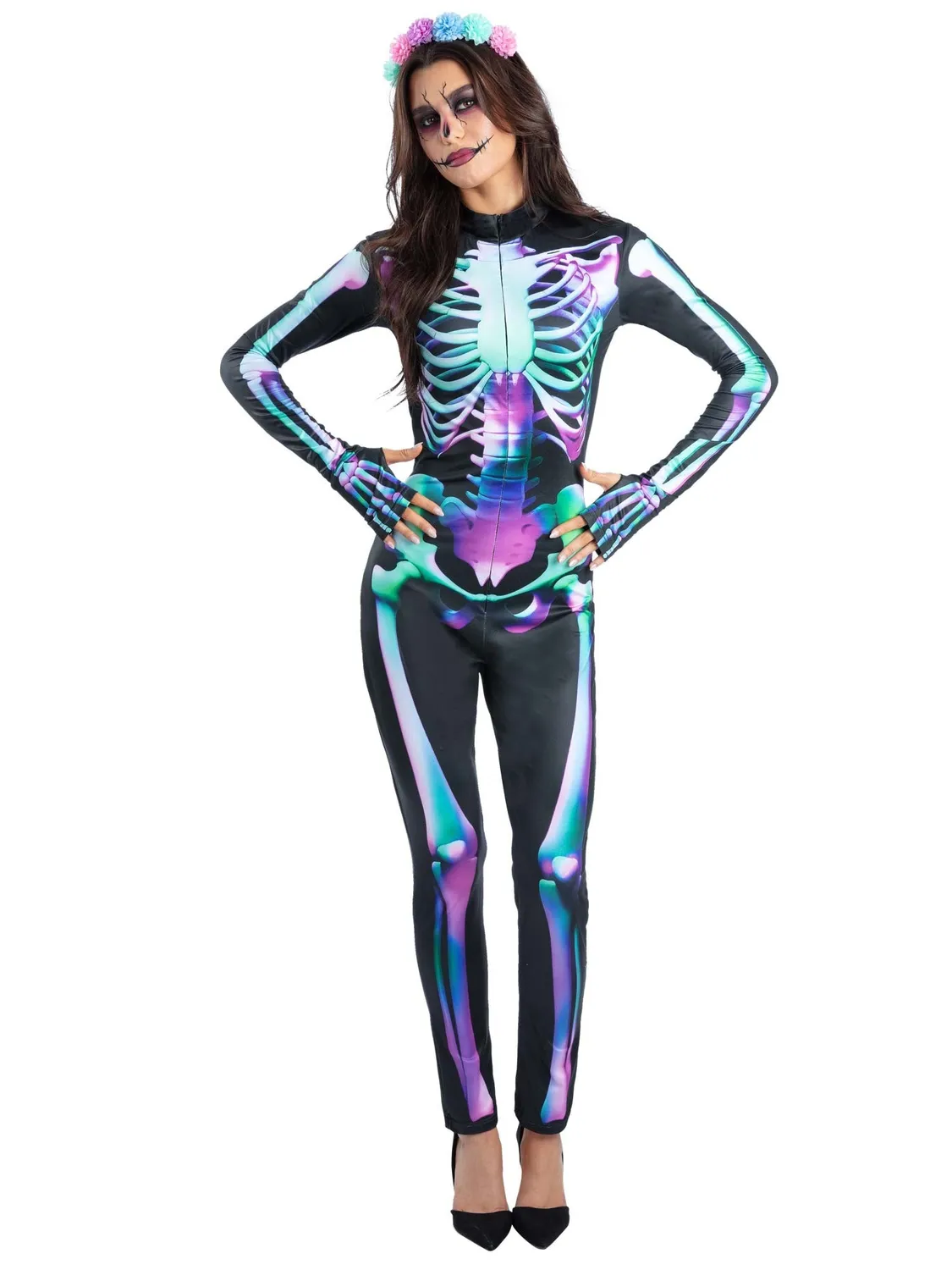 Smiffys Bright Bones costume scheletro donna M neon