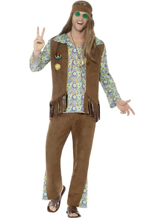Smiffys 60s Hippie Costume Uomo 5 Pezzi Multicolore
