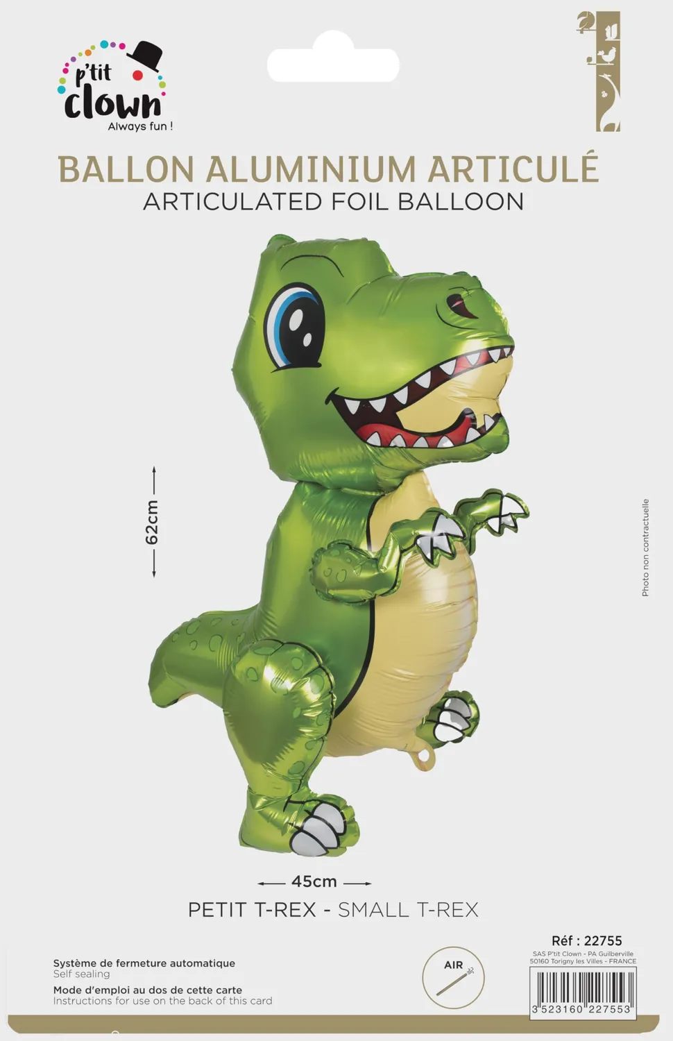 P'tit Clown T-Rex palloncino alluminio snodato piccolo da appoggio