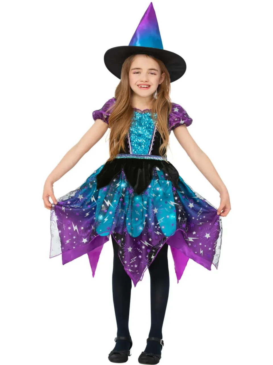 Smiffys Moon Stars costume strega bambina S viola luci
