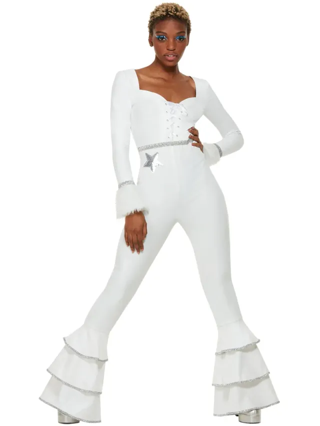 Smiffys 70s Deluxe Glam Tuta Disco Bianca Donna XS Jumpsuit