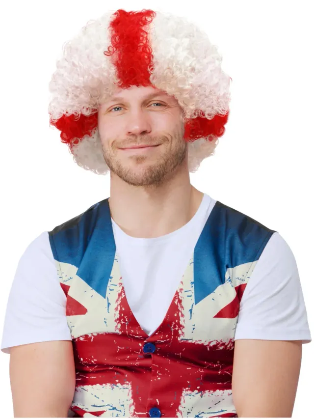 Smiffys England Afro parrucca rossa bianca tifoso