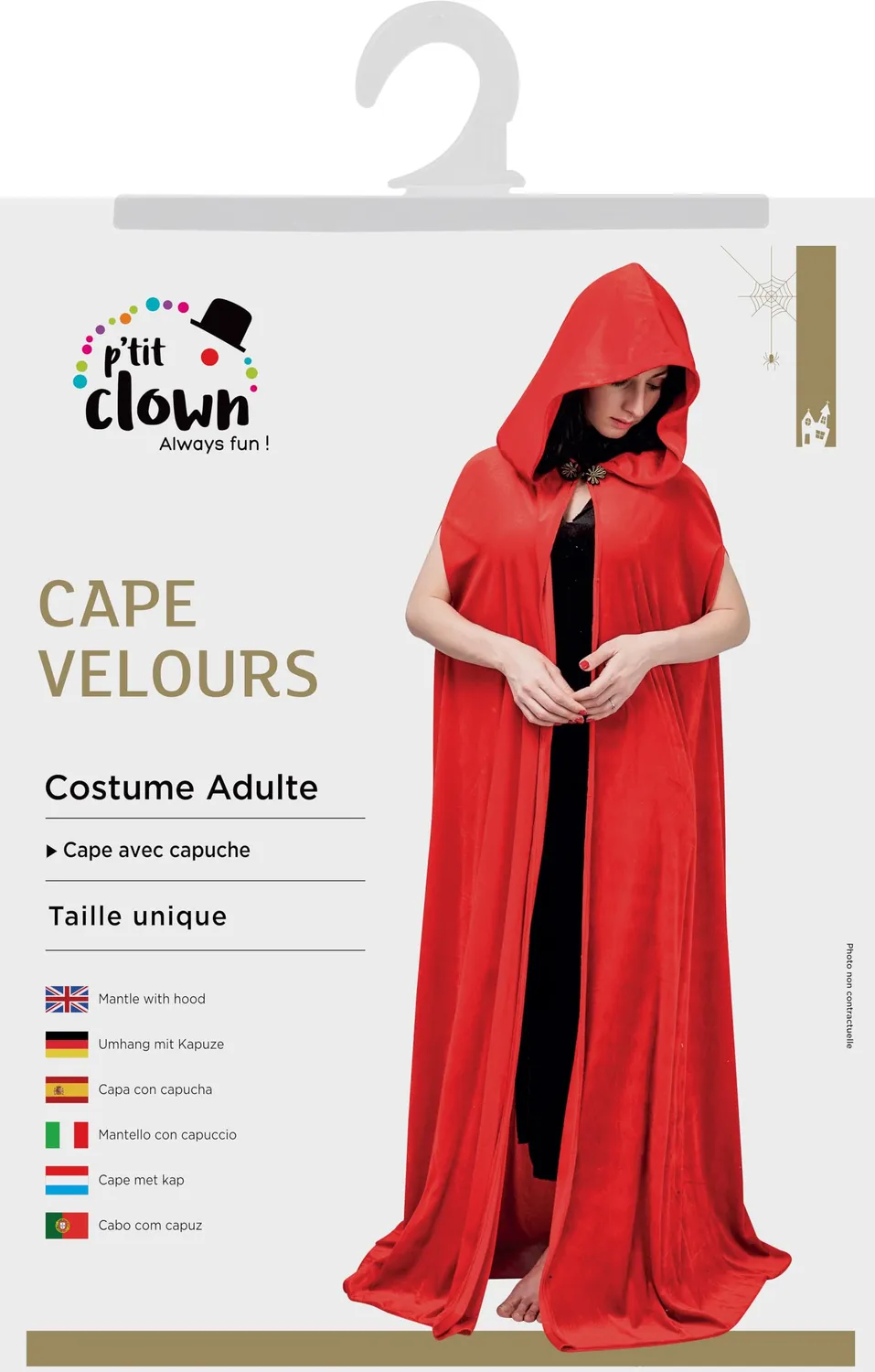 P'tit Clown Mantello medievale rosso velluto cappuccio