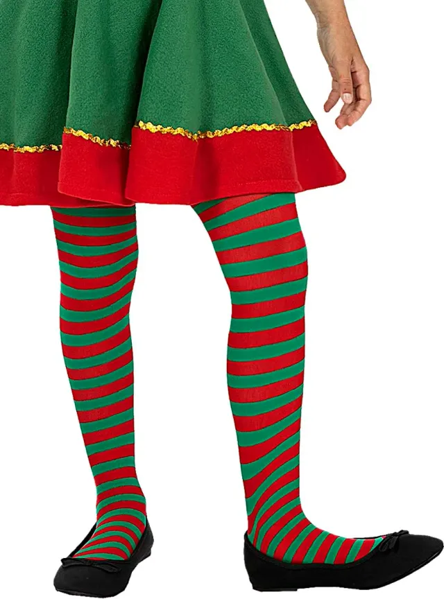 Funidelia Elfo Natalizio Collant Strisce Verdi Rosse Bambina Rosso