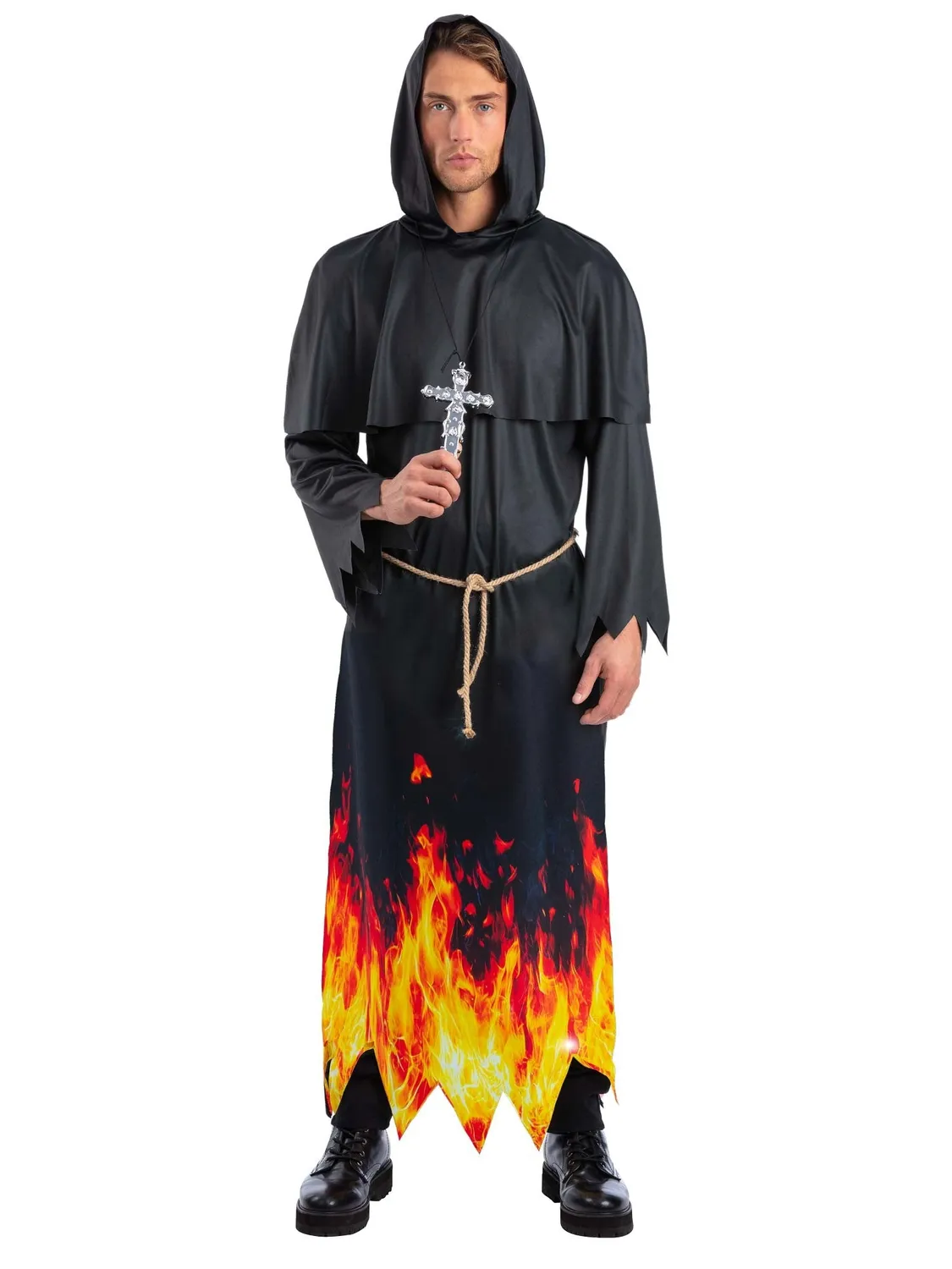 Smiffys Burning Priest costume prete fiamme uomo con croce