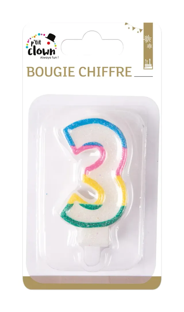 P'tit Clown candela numero arcobaleno glitter compleanno