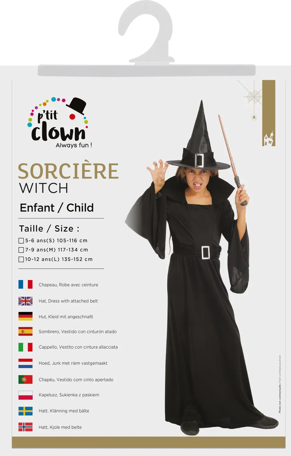 P'tit Clown Strega costume bambina 10-12 anni nero con cappello