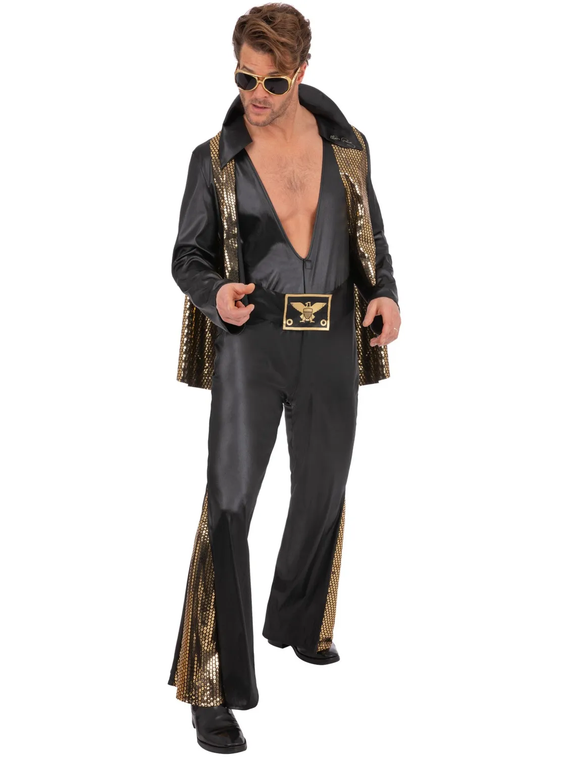 Smiffys Elvis Black Jumpsuit costume uomo L nero oro anni 50