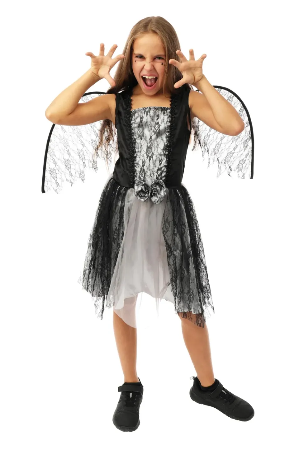 P'tit Clown Angelo Caduto costume bambina 10-12 anni nero con ali