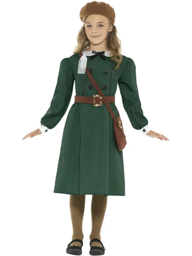 Smiffys Evacuee costume bambina verde con borsa 7-9 anni