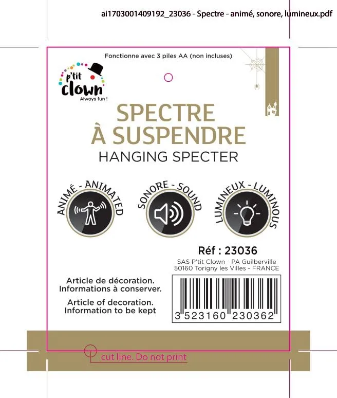 P'tit Clown 23036 Spettro da Appendere 120 cm decorazione animata