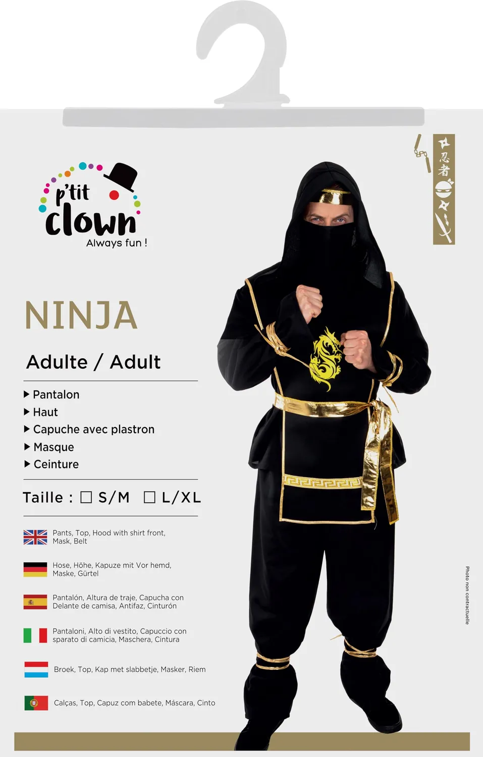 P'tit Clown Costume Ninja Adulto Nero Oro L-XL Poliestere
