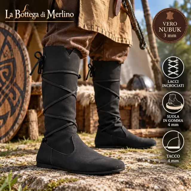 La Bottega di Merlino stivali nabuk neri vichinghi con lacci