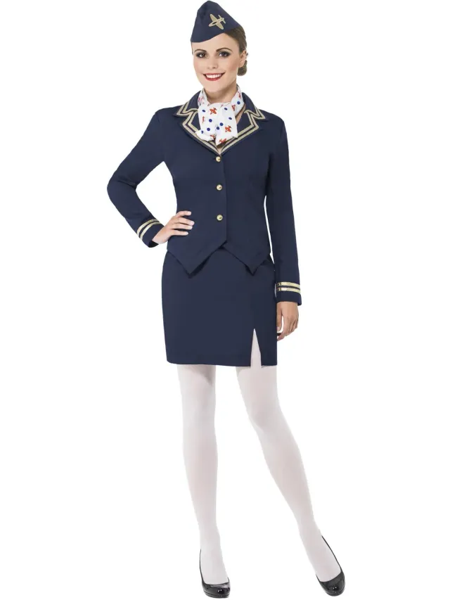 Smiffys Airways Attendant costume hostess blu 4 pezzi donna