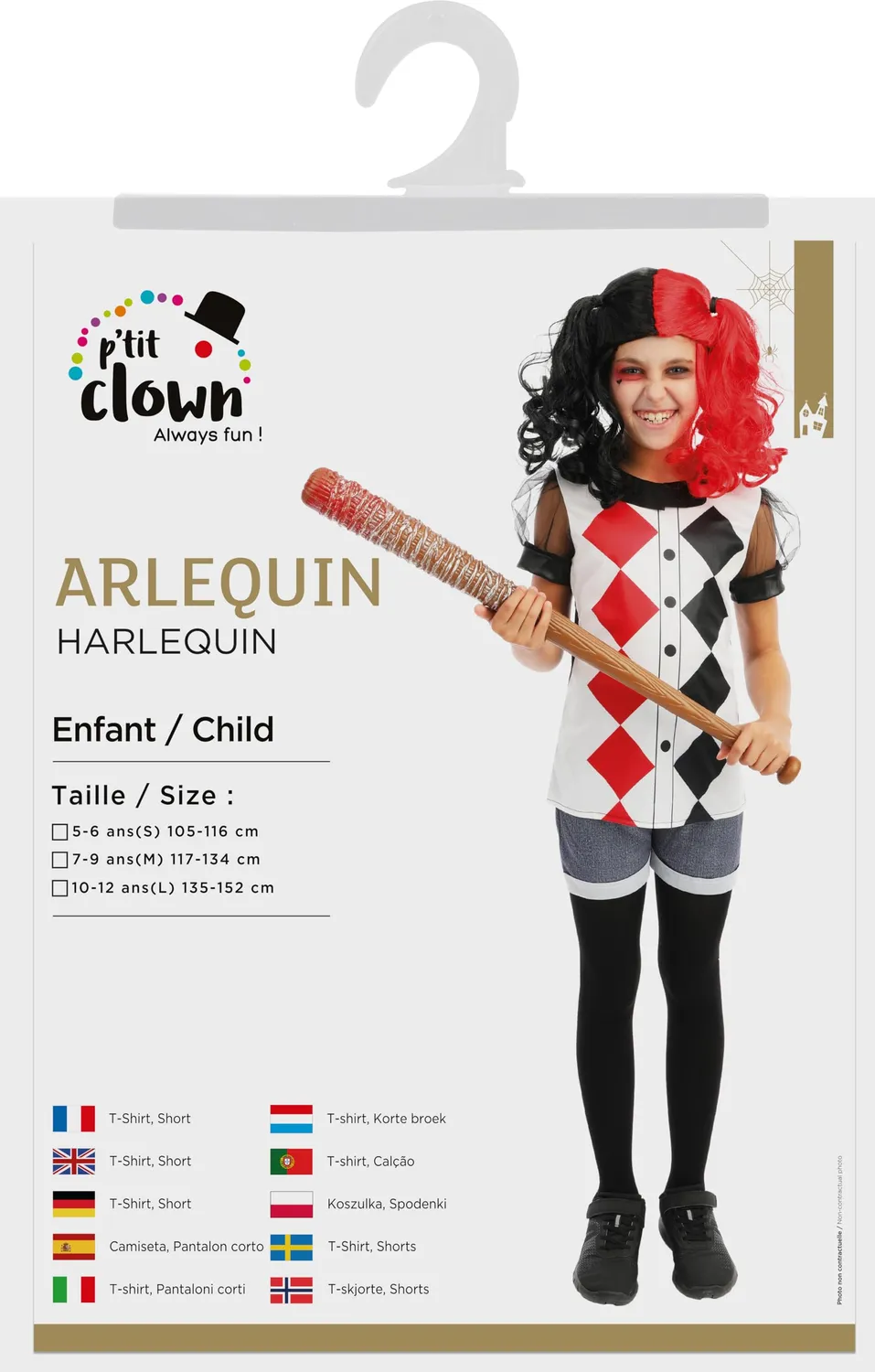 P'tit Clown Costume Clown Arlecchino Bambina 10-12 Anni Nero Rosso