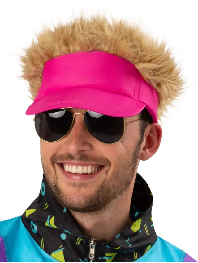 Smiffys visiera anni 80 cappello rosa neon con capelli
