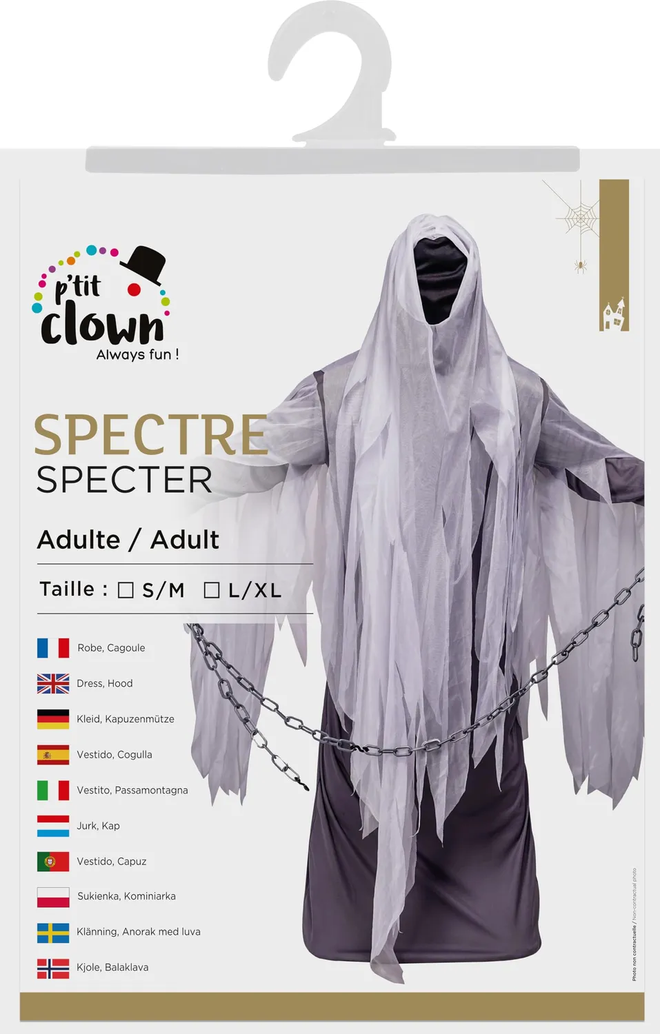 P'tit Clown costume spettro fantasma grigio S-M Halloween