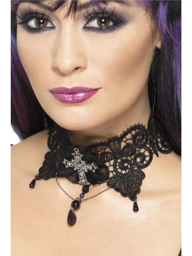Smiffys Choker Pizzo Nero Gotico Donna con Croce Gioiello