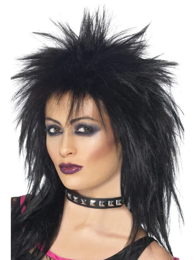 Smiffys Rock Diva parrucca nera mullet anni 80