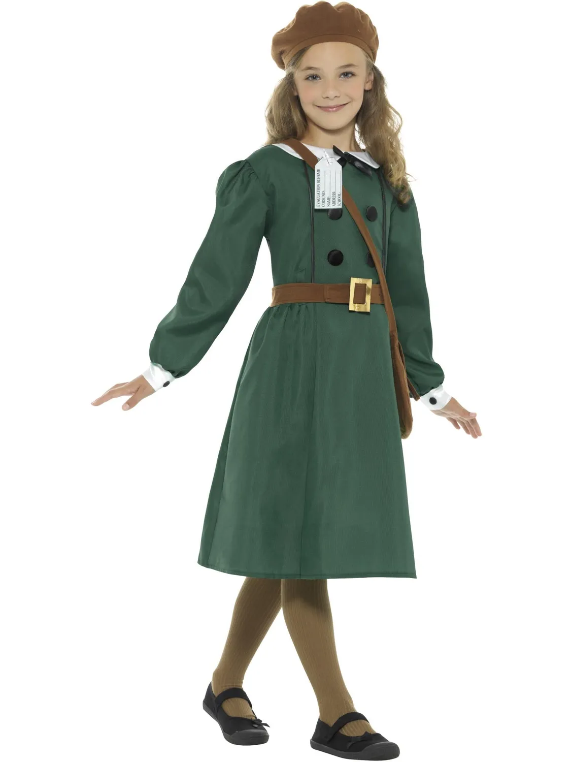 Smiffys Evacuee costume bambina verde con borsa 7-9 anni