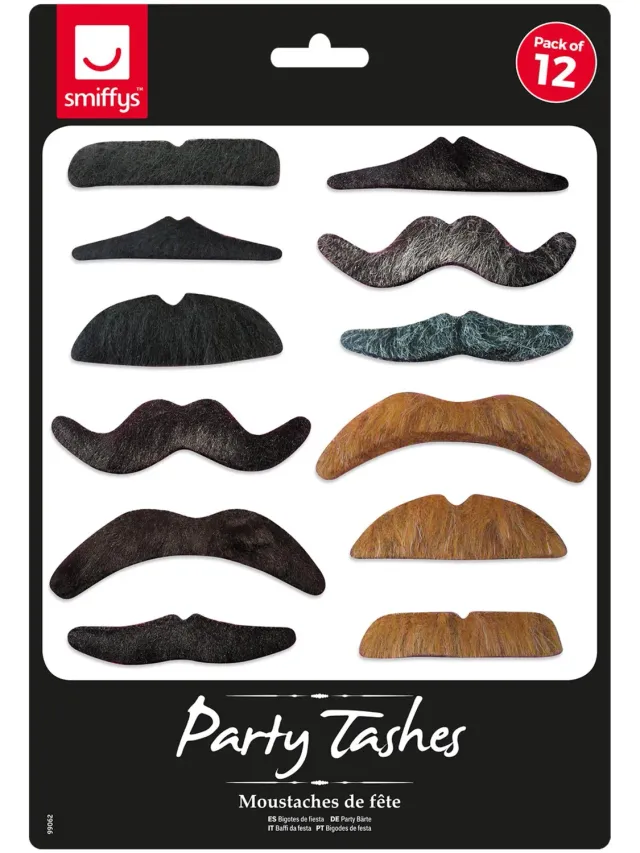 Smiffys Party Tashes baffi finti adesivi 12 pezzi assortiti