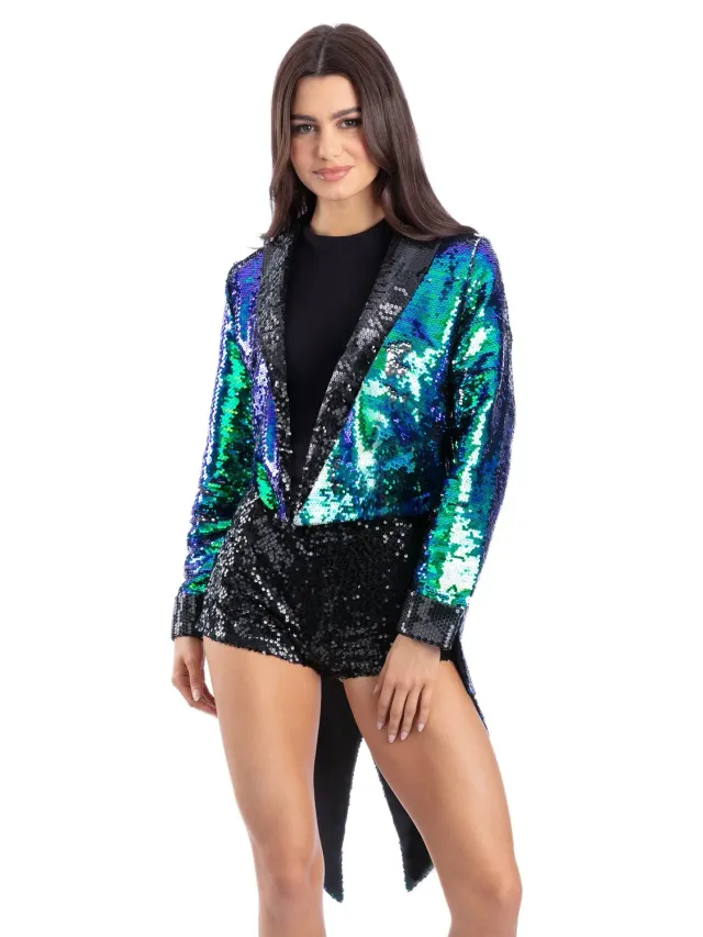 Smiffys Giacca Frac Paillettes Blu Verde Unisex Cangiante