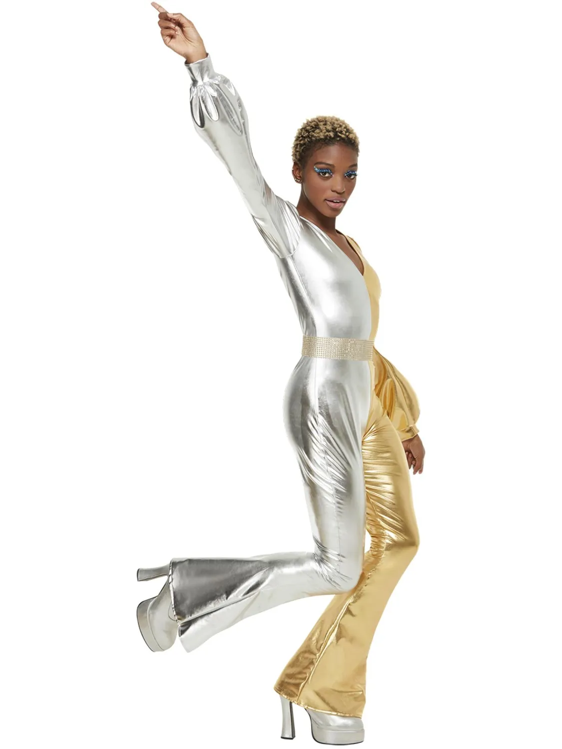 Smiffys 70s Super Chic tuta disco oro argento M