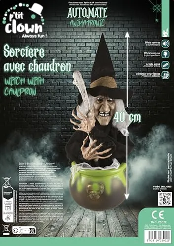 P'tit Clown Strega nel Calderone decorazione Halloween 40 cm luminosa