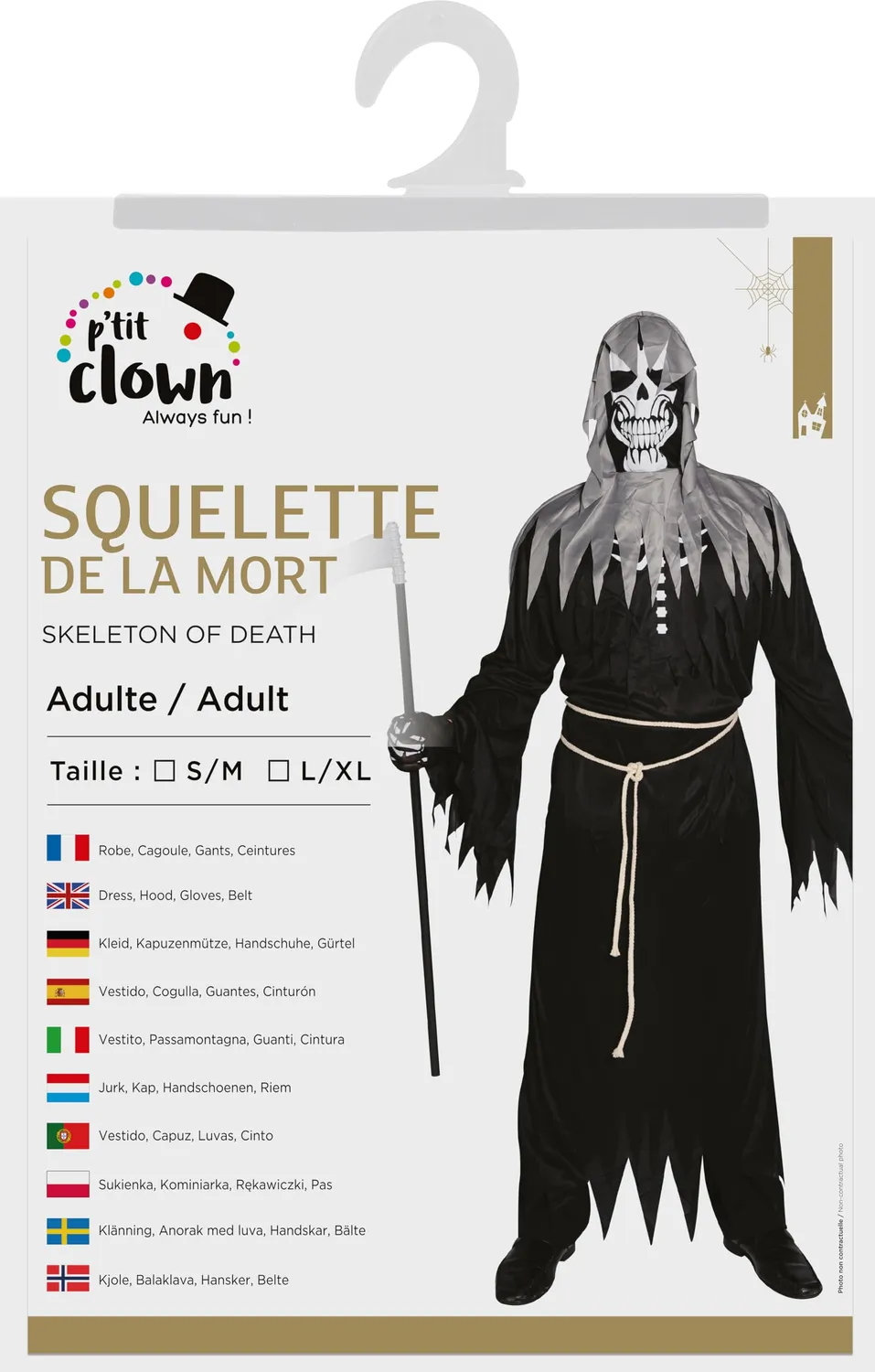 P'tit Clown Scheletro della Morte costume uomo S/M nero teschio