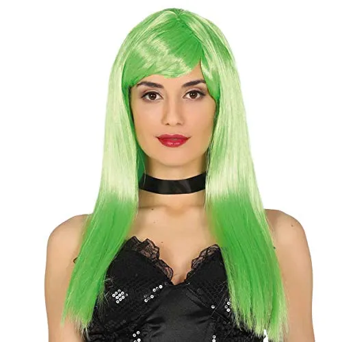 Guirca Parrucca Verde Lunga Liscia con Frangia Neon