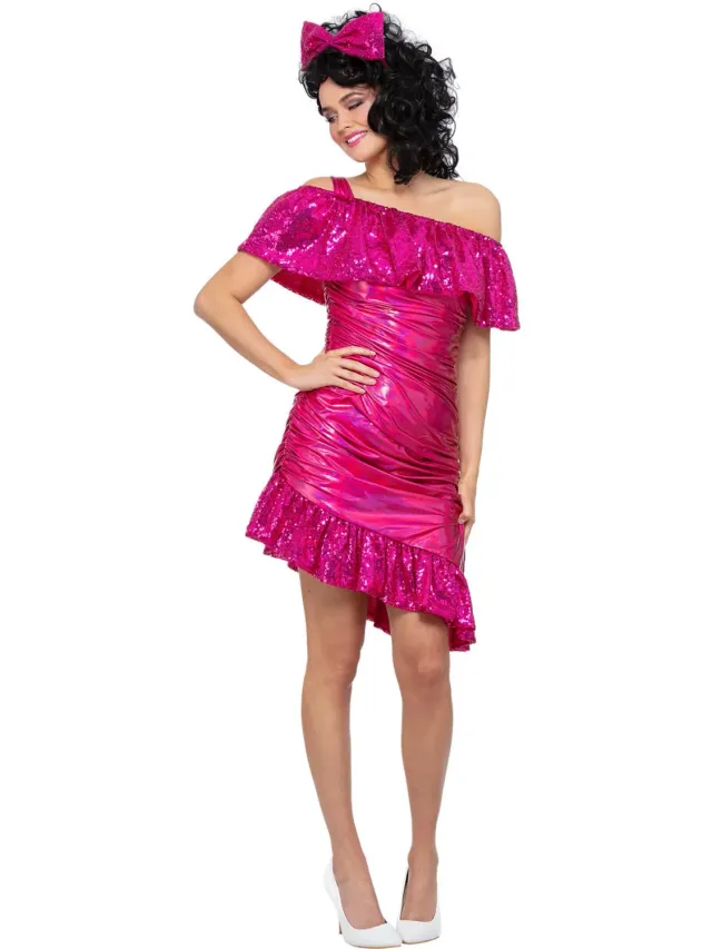 Smiffys 80s Sparkle vestito rosa paillettes con fascia