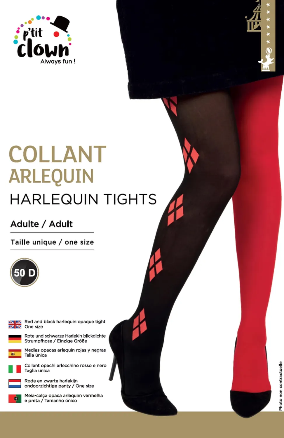 P'tit Clown 22165 collant Arlecchino adulto rosso nero rombi