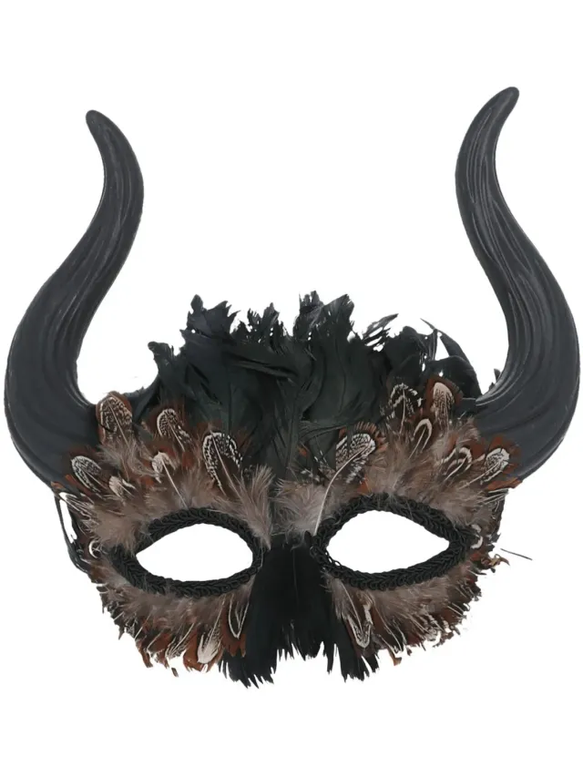 Smiffys Feathered Venetian Horned maschera piume nera piumata