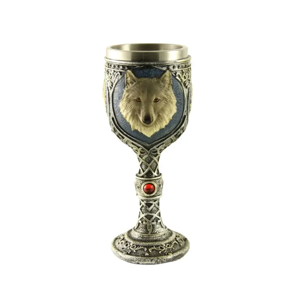 Calice con Lupo Resina Interno Metallo 19 cm Gotico