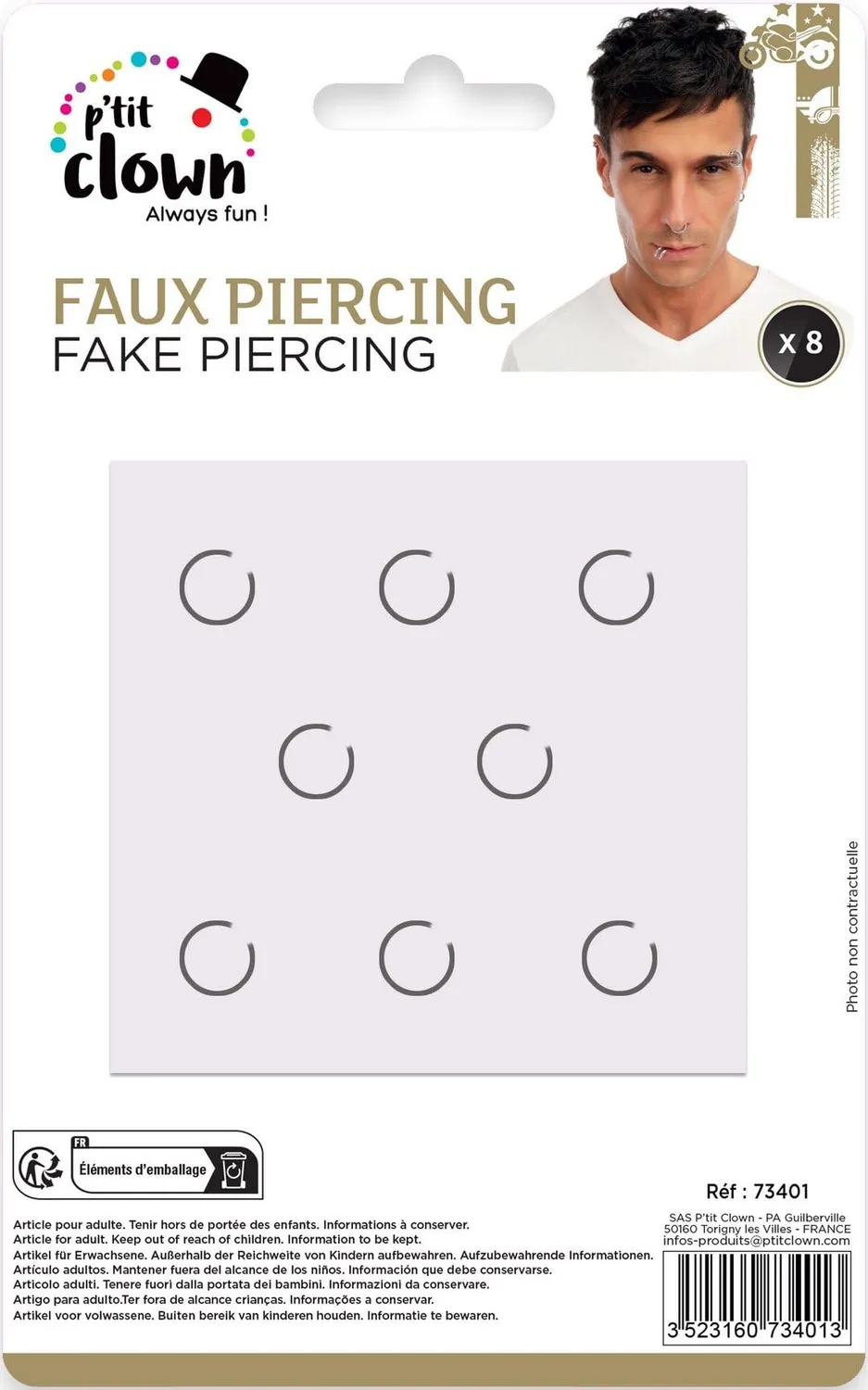 P'tit Clown Piercing Finto Anelli Argento 8 Pezzi