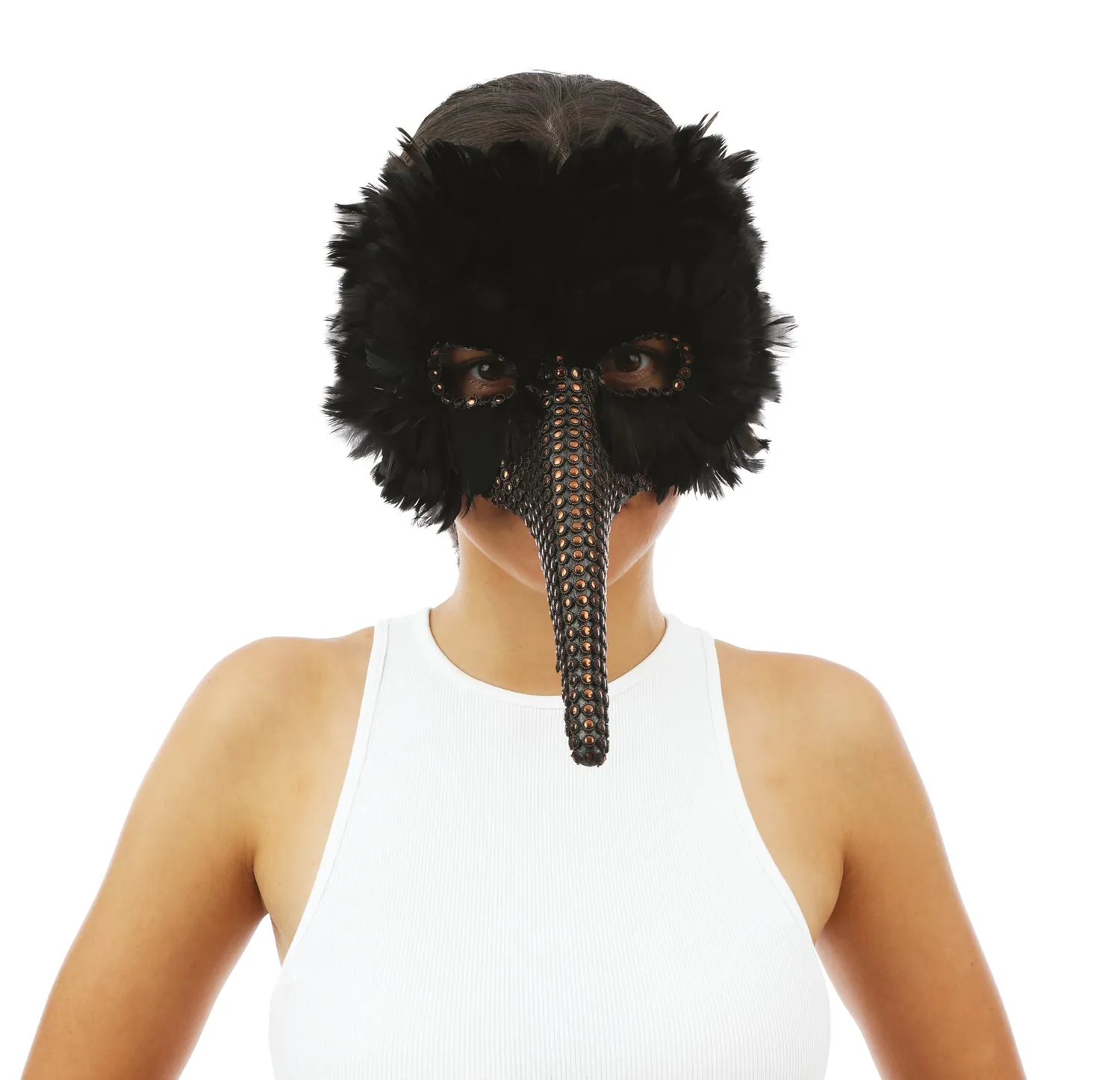 P'tit Clown lupo naso lungo maschera piume nere donna