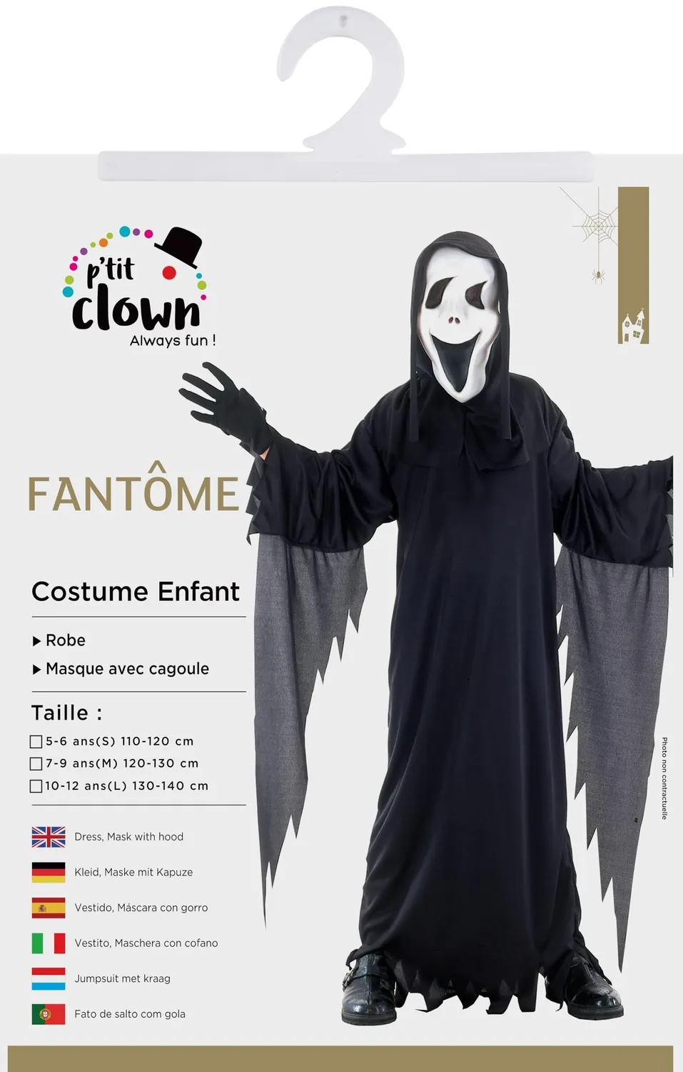 P'tit Clown costume fantasma bambino nero S con maschera