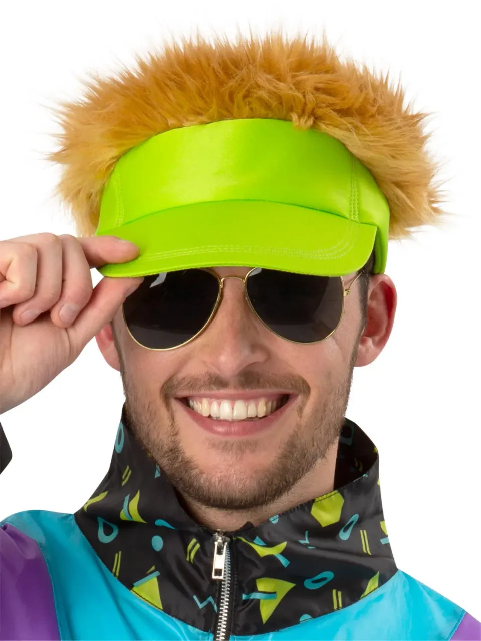 Smiffys visiera verde neon con capelli parrucca 80s