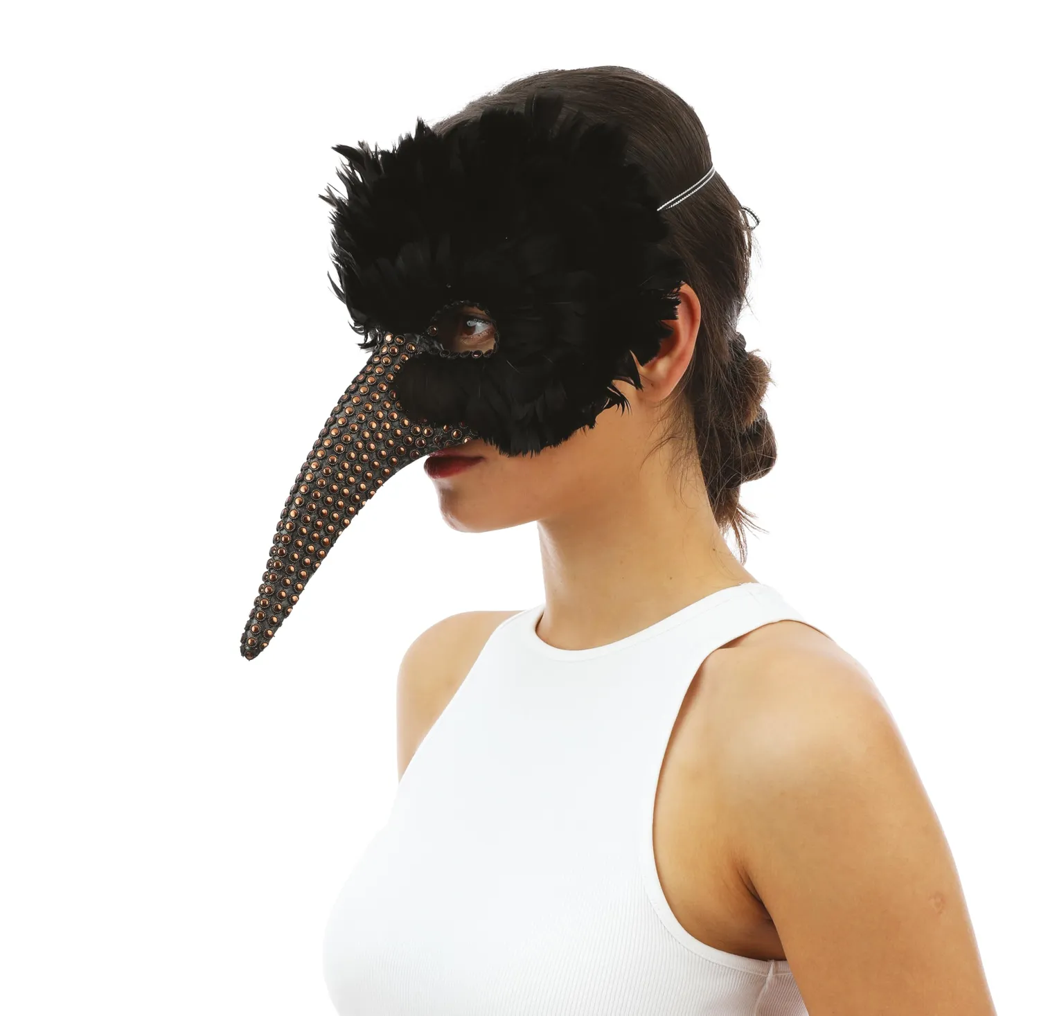 P'tit Clown lupo naso lungo maschera piume nere donna