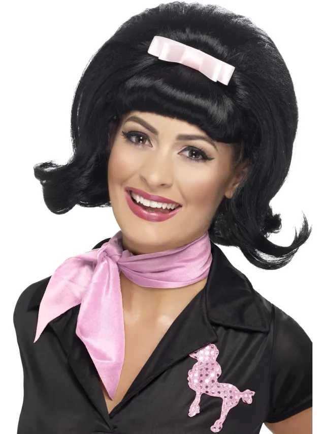 Smiffys 50s Flicked Beehive parrucca nera con fiocco